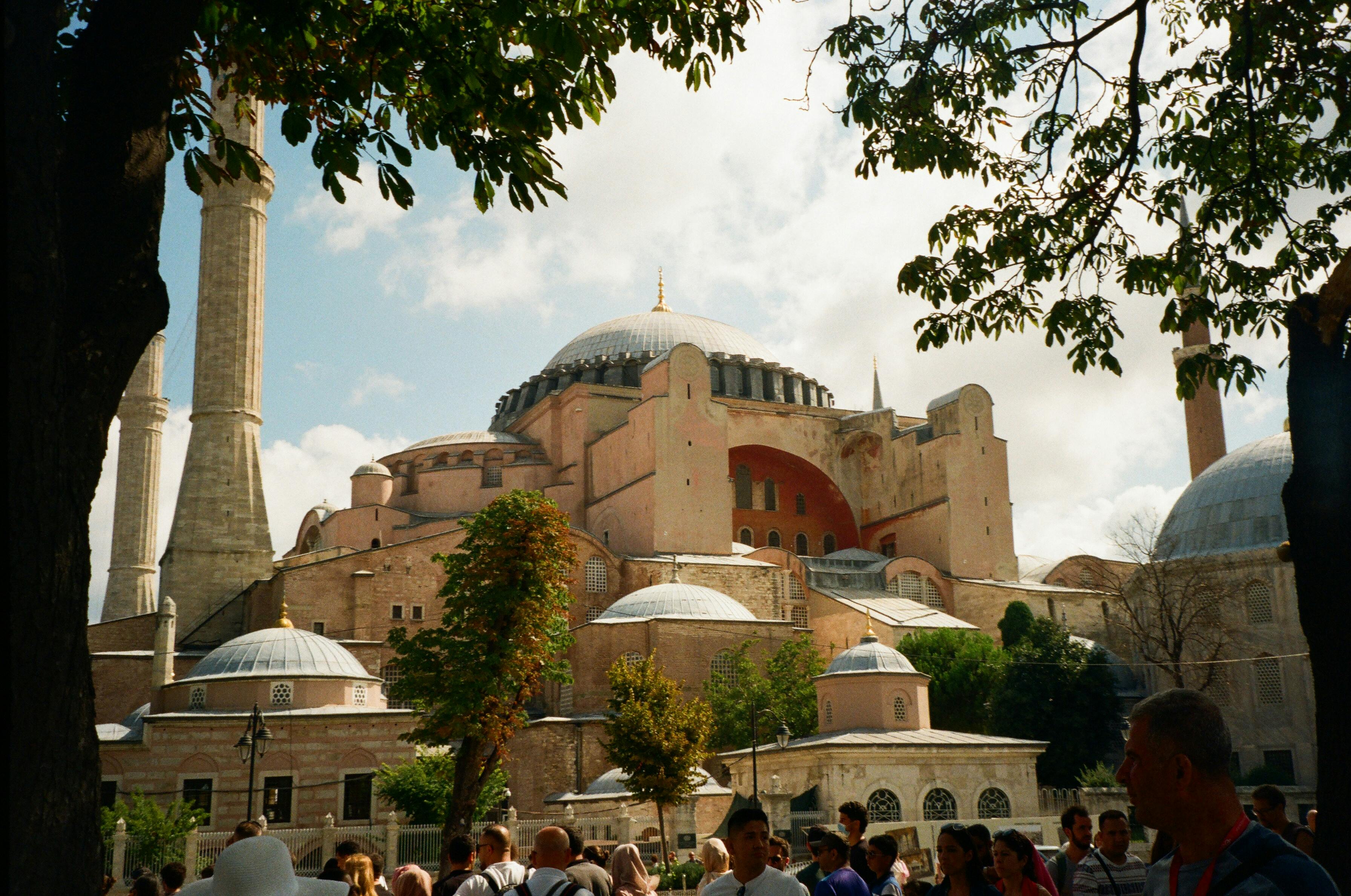 Crowd gathers outside the iconic Hagia Sophia in Istanbul, Turkey.