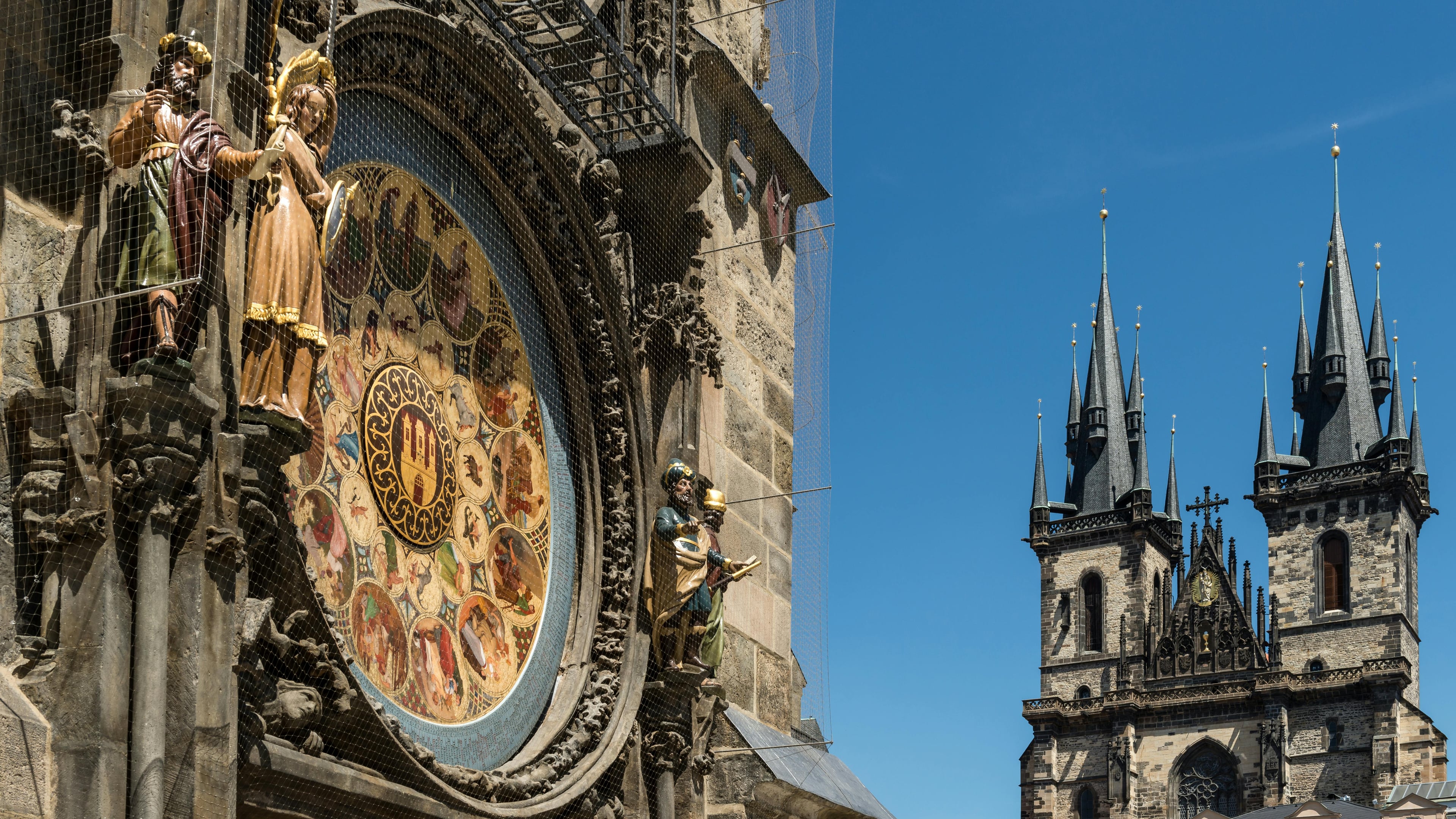 Gothic architecture of Prague's Church of Our Lady before Týn with the Astronomical Clock.